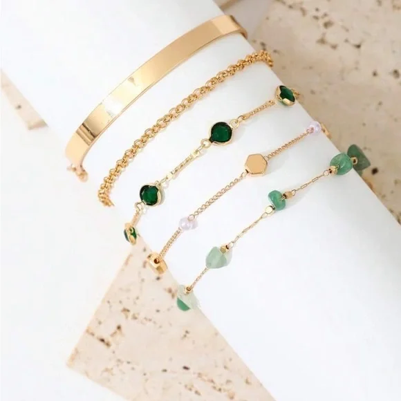 Gold Layered Bracelet Set with Green Accents - Picture 3 of 4